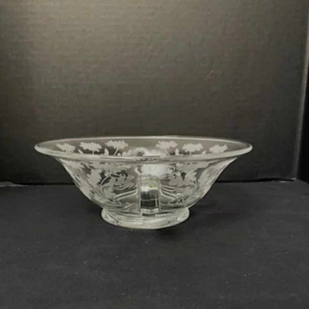 Vtg Etched Glass Bowl Floral Flowers Scrolled‎ Handles 9